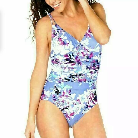 Calvin Klein Floral Print Shirred One Piece Swimsuit Size 4 New Lilac UV Protec - Picture 1 of 10